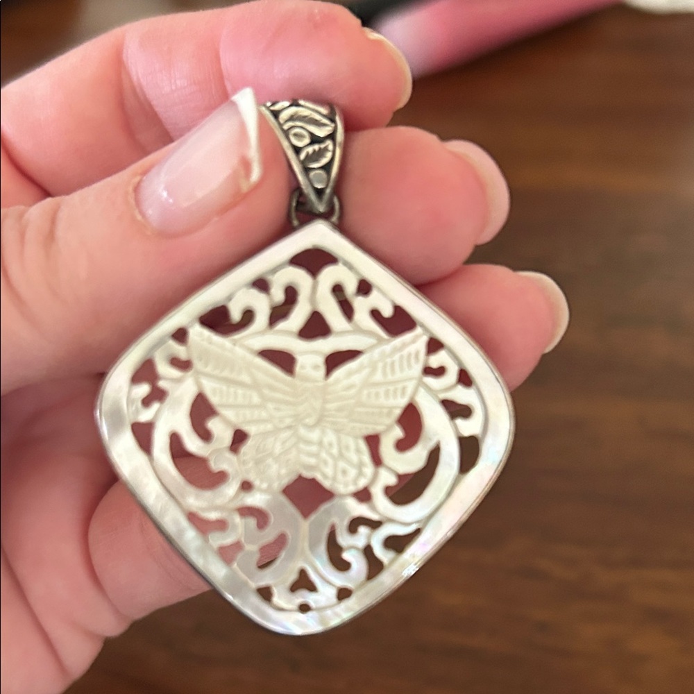 Intricate Silver, Carved Shell Butterfly Necklace